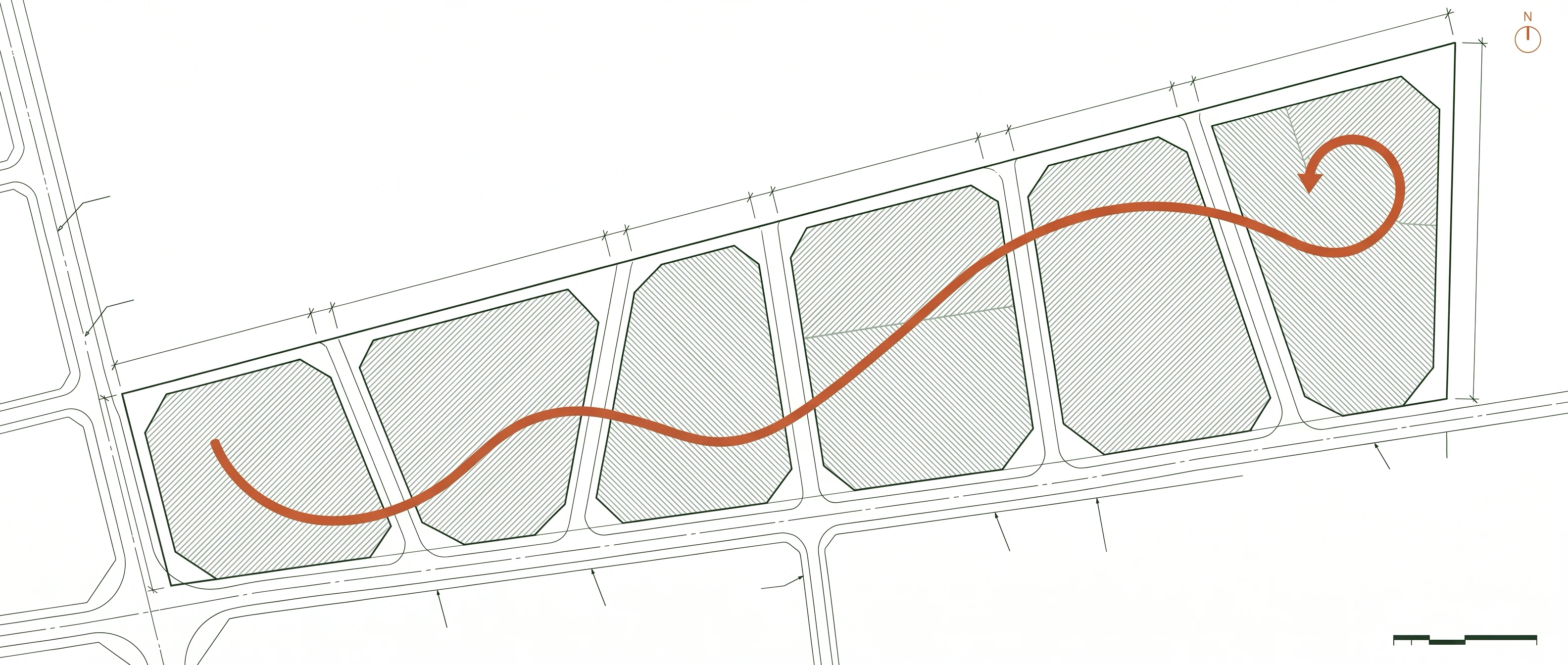 A conceptual master plan: six hatched districts inside one site, joined by a single winding orange path that runs from the first district to the last.